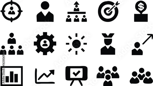 Manager icon set. Containing leadership, supervision, hiring, coaching, management, development, organization, teamwork and delegation icons. Solid icons collection. Vector illustration.