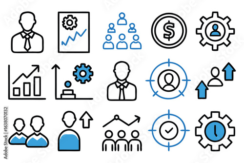 Manager icon set. Containing leadership, supervision, hiring, coaching, management, development, organization, teamwork and delegation icons. Solid icons collection. Vector illustration.