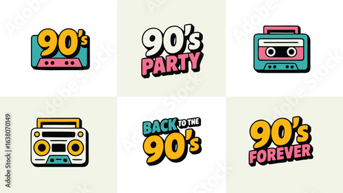 Retro 90s Nostalgia Cassette Tapes, Boombox Radios, and Party Slogans for a Throwback Vibe