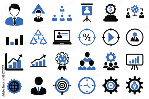 Manager icon set. Containing leadership, supervision, hiring, coaching, management, development, organization, teamwork and delegation icons. Solid icons collection. Vector illustration.