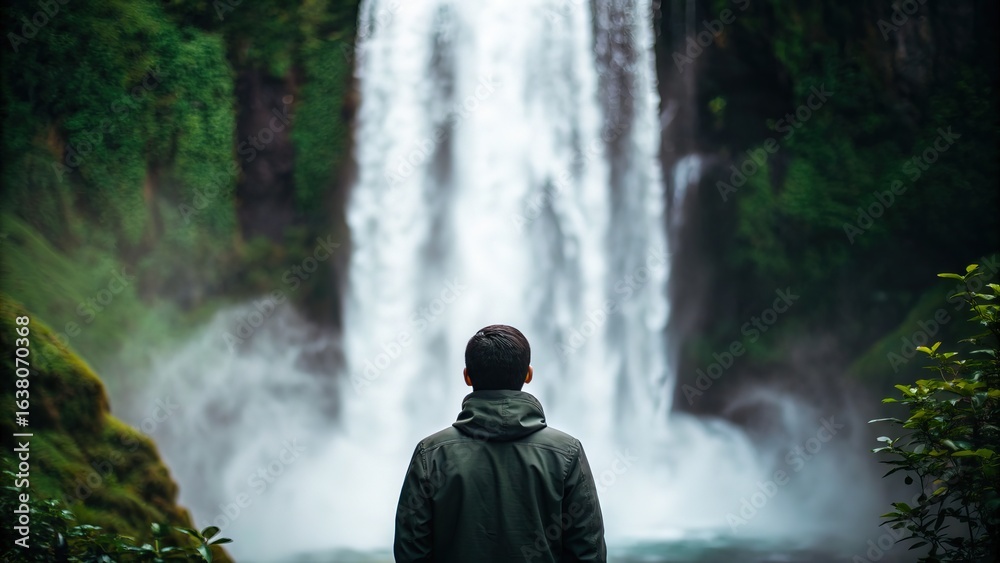 Fototapeta premium Man gazes at majestic waterfall, a moment of awe and natural wonder in lush green surroundings