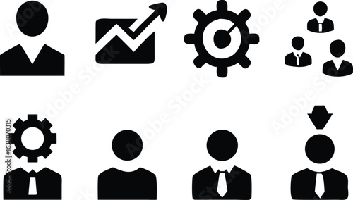 Manager icon set. Containing leadership, supervision, hiring, coaching, management, development, organization, teamwork and delegation icons. Solid icons collection. Vector illustration.