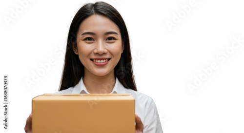 Smiling asian woman holding cardboard box for delivery isolated PNG with Transparent Background