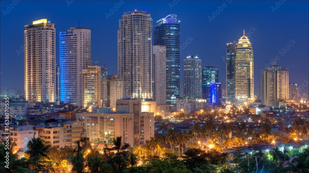 Obraz premium Bright lights illuminate the Makati Business District, showcasing skyscrapers against a deep blue night sky. Palm trees provide a contrasting green, enhancing the urban beauty of Manila.