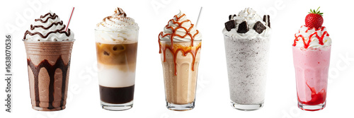 PNG set of five milkshakes in tall glasses with whipped cream toppings including chocolate drizzle caramel macchiato caramel coffee cookies, cream & strawberry with cherry garnish on white background