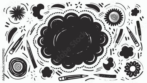 Black and white doodle art featuring a central cloud shape surrounded by flowers and drawing utensils