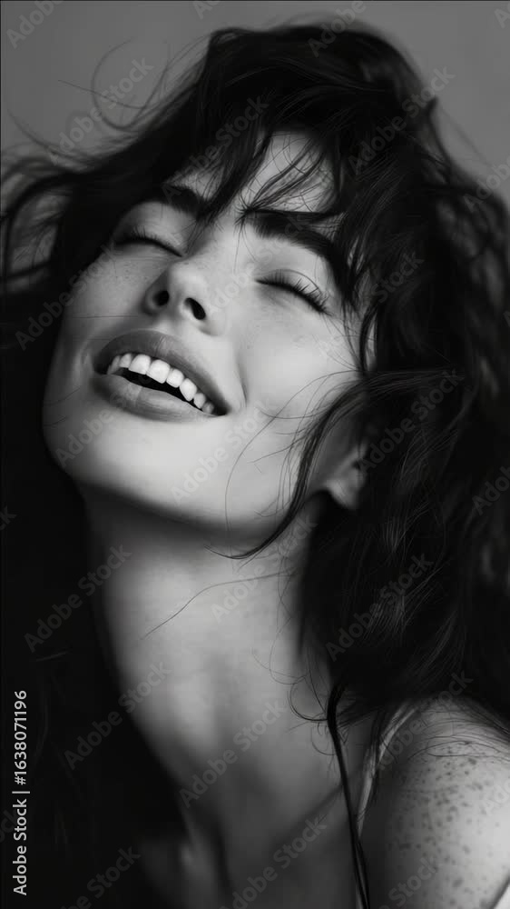 A close-up portrait of a smiling woman with long brown hair, looking relaxed against a studio backdrop. A close-up portrait of a smiling woman with long brown hair, looking relaxed against a studio backdrop.