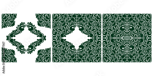 Decorative frame and border in folk style. Vector design. Elegant decorative frame and border elements in baroque style. Includes corner elements, rectangular frame and central ornament
