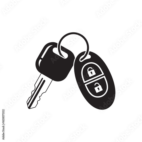 Car key with remote fob icon. Black silhouette of a vehicle ignition key and electronic alarm system. Vector symbol for automotive security, isolated on white.

