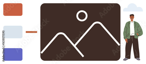 Abstract canvas with simplistic shapes, color palette sidebar, and smiling artist. Ideal for design, creativity, content creation, customization, branding, professionalism simple flat metaphor