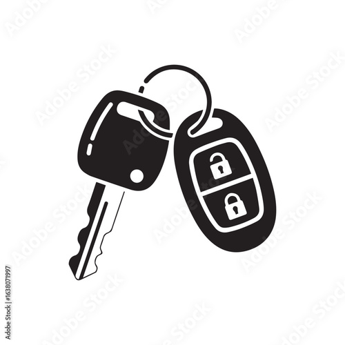 Car key with remote fob icon. Black silhouette of a vehicle ignition key and electronic alarm system. Vector symbol for automotive security, isolated on white.
