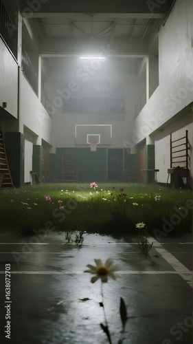 A high school gymnasium where the floor has transformed into a lush green meadow, wildflowers blooming under dim spotlights, liminal dreamlike surrealism