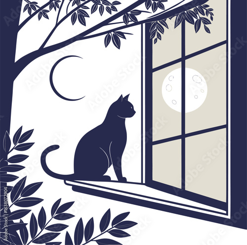 Cat silhouette on a windowsill at night.