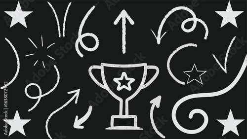 Chalkboard drawing with stars trophy arrows swirls and other decorative elements in white on black background