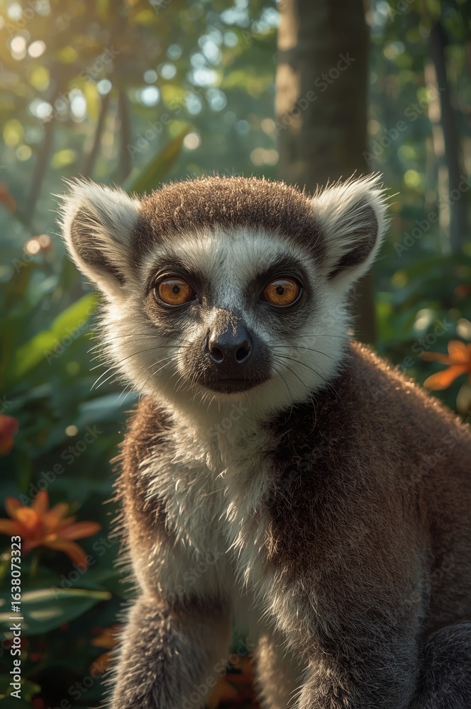 Fototapeta premium Wild lemur close-up showing vibrant eyes and soft fur texture.