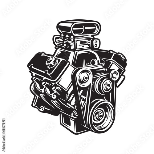 V8 car engine vector illustration. Black and white graphic icon of a powerful automotive motor, symbol for muscle cars, hot rods, and mechanical service, isolated on white background.
