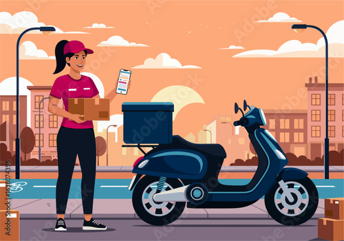 Female Delivery Rider with Packages and Smartphone. Urban  Courier Service. Young woman courier stands next to scooter holding packages and a phone with delivery app, ready for urban express delivery.