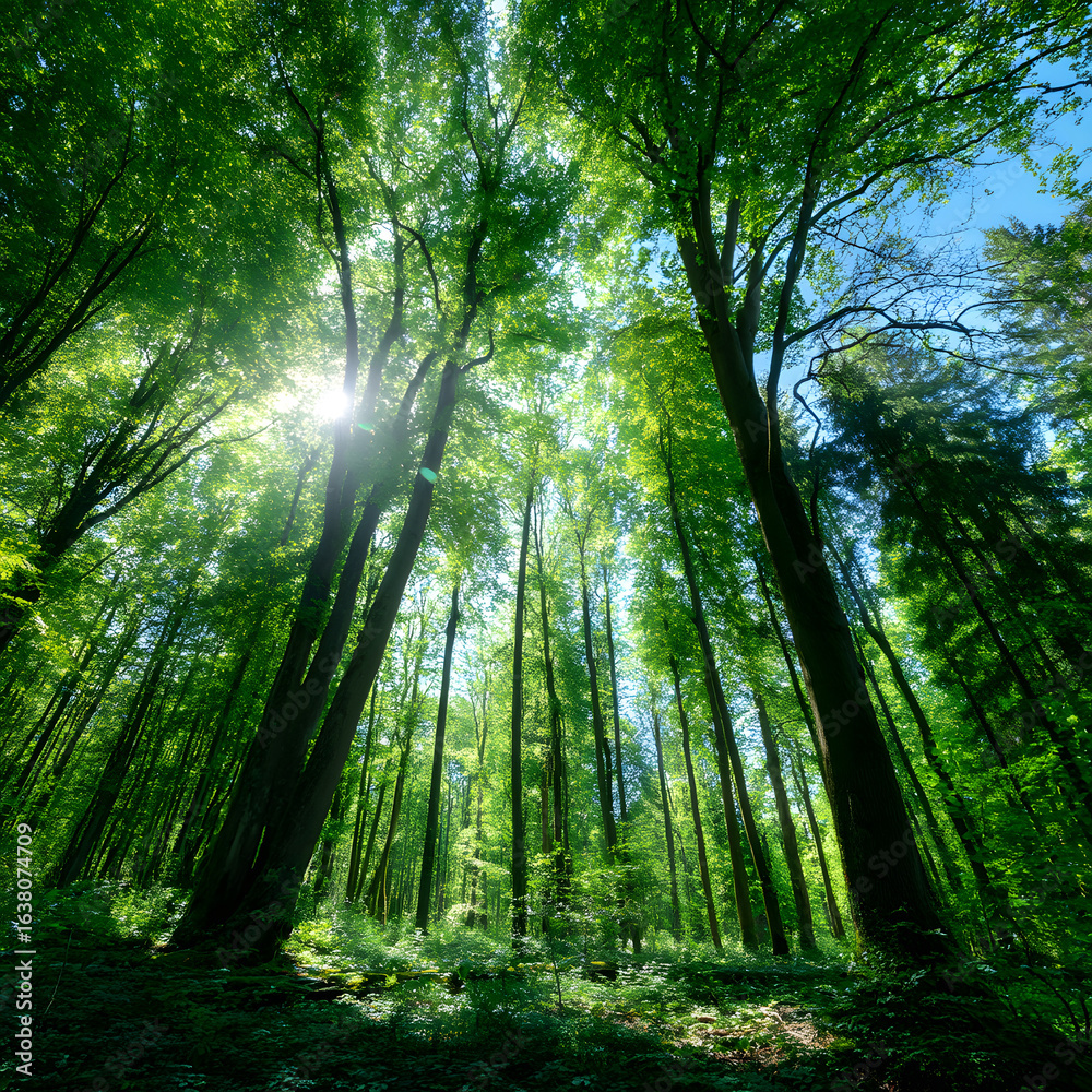 Fototapeta premium Bright Green Forest with Blue Sky