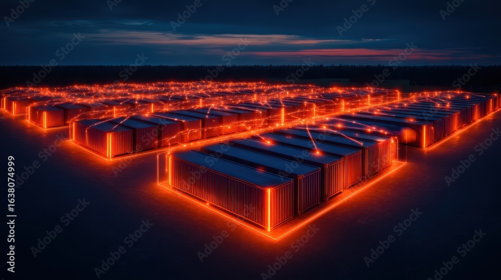 Fototapeta premium A futuristic landscape of illuminated containers, glowing in orange against a dark sky, suggesting advanced technology or energy storage.