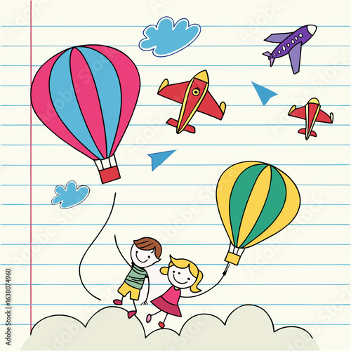 a drawing of kids and hot air balloons