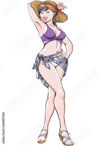 セクシーなポーズを決める水着姿の若い女性_全身麦わらサンダルパレオ.eps