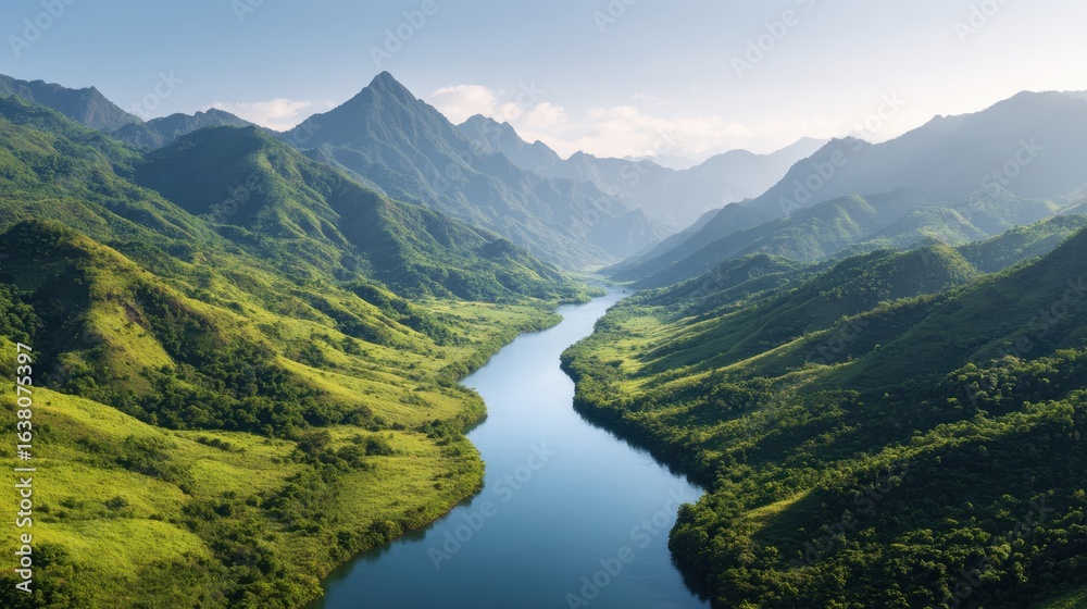 Obraz premium A breathtaking view of lush green mountains and a serene river winding through the valley under a clear blue sky.