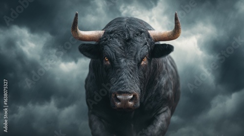 A powerful black bull stares intensely against a dramatic, cloudy backdrop, embodying strength and presence in a striking image.