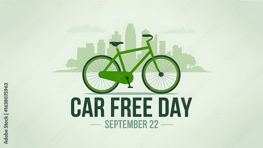 Fototapeta premium Green bicycle in front of city skyline for car free day