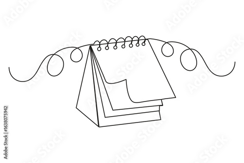 Single line minimalist desk calendar drawing with curved base stand clean black outline vector art