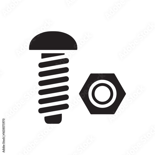 Bolt and nut icon. Black silhouette of a screw and hex nut fastener, hardware for construction and repair. Vector graphic isolated on white background.
