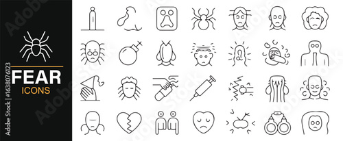 A set of fear and anxiety icons, featuring symbolic representations of common phobias.