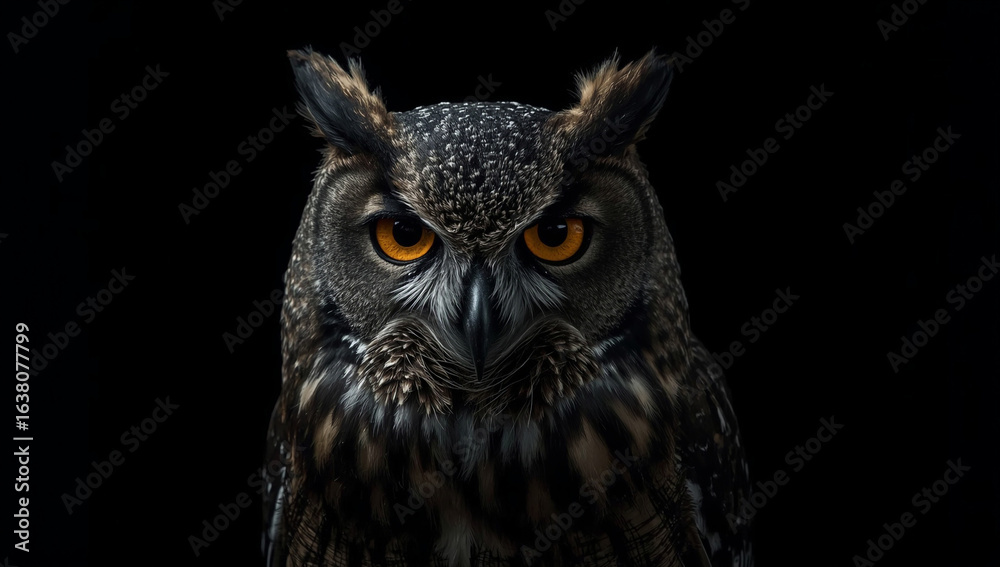 Fototapeta premium A close-up portrait of a majestic horned owl with intense orange eyes staring directly from a black background.