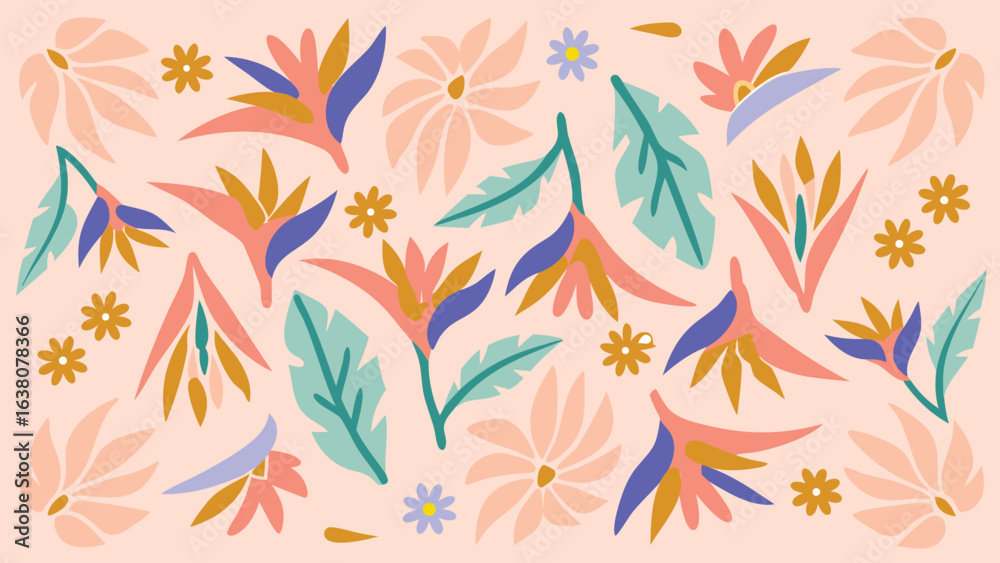 Fototapeta premium Colorful floral pattern with bird of paradise flowers and stylized leaves on a light pink background