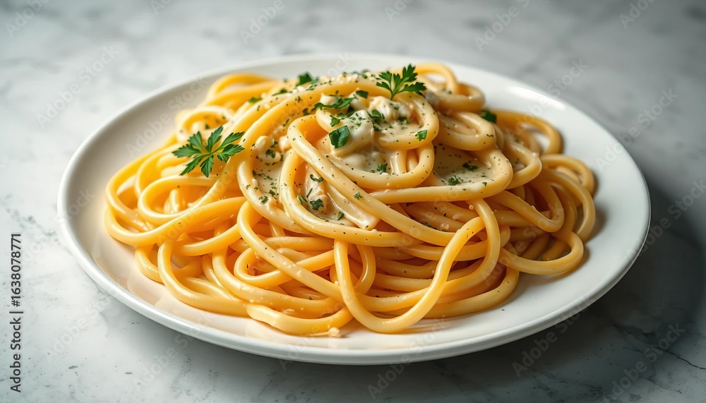 Creamy carbonara pasta swirls on a pristine white plate, carb, pasta dish Creamy carbonara pasta swirls on a pristine white plate, carb, pasta dish