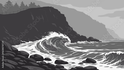 Monochromatic seascape featuring a rocky coastline with crashing waves and distant mountain range view