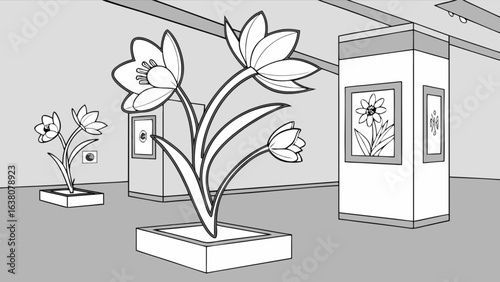 A grayscale art gallery showcasing floral arrangements and framed artwork in a spacious setting design
