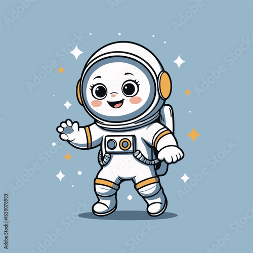 Charming astronaut happily bouncing on a bouncy space trampoline, with stars and planets twinkling in the background.
