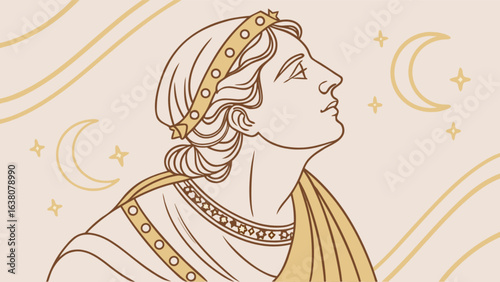 Line art of a person wearing a crown looking up at the moon and stars in a dreamy background art