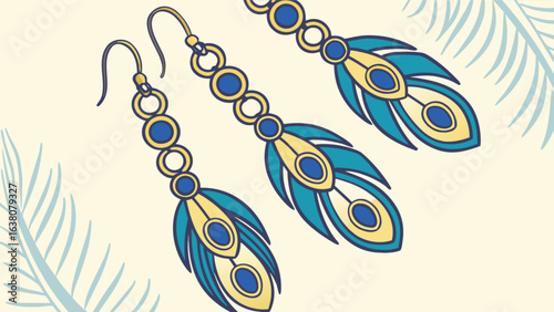 Illustration of three peacock feather earrings with blue and gold accents on a light background