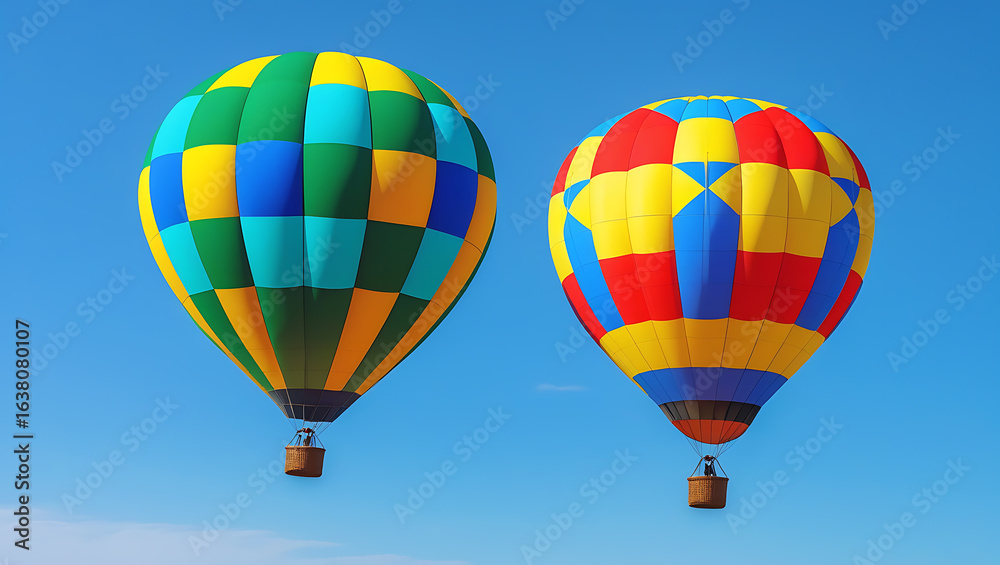 Naklejka premium Two colorful hot air balloons floating in clear blue sky