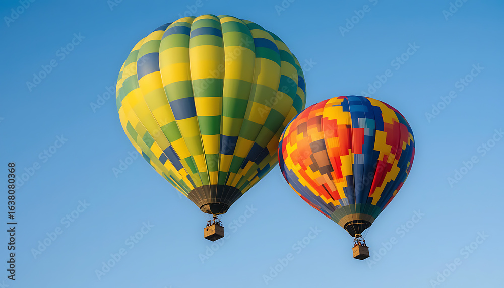 Fototapeta premium Two colorful hot air balloons floating in a clear blue sky 1