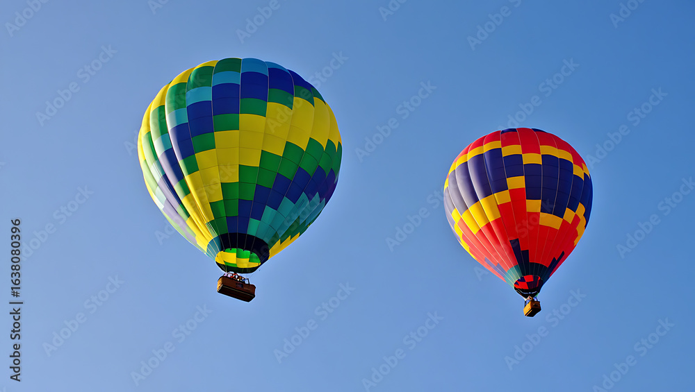 Fototapeta premium Two colorful hot air balloons against a clear blue sky
