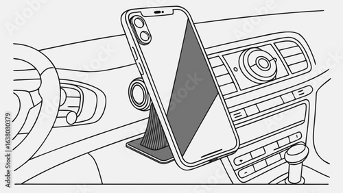A smartphone mounted on a car dashboard with steering wheel and gear stick in black and white line art