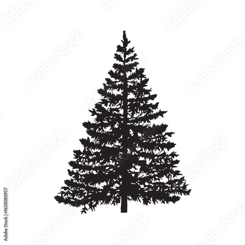 Black silhouette of a pine, spruce, or fir tree. Detailed conifer graphic isolated on white background, symbol of forest, nature, and wilderness.
