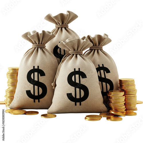 Three burlap money bags with dollar signs and stacks of gold coins isolated on transparent background