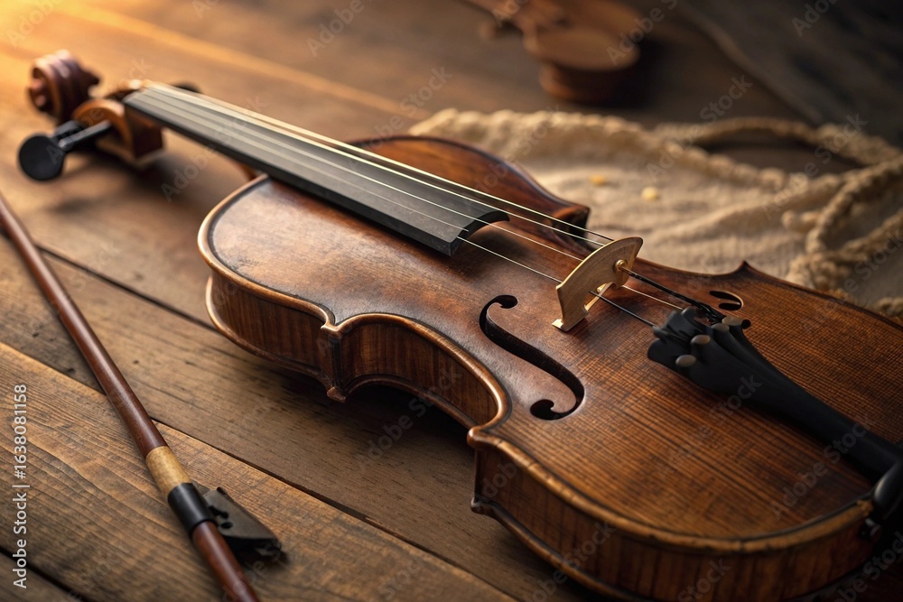 Fototapeta premium Macro Fine Art Photograph of Violin Strings and Bridge – Warm Textured Close-Up