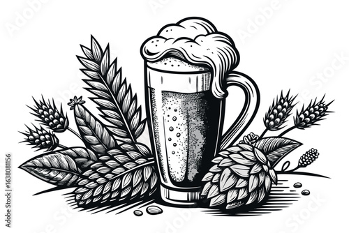 A frothy beer mug with wheat and hops isolated on white background
