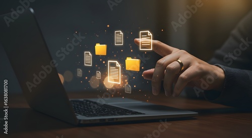Digital File Management and Data Organization with Laptop and Glowing Icons