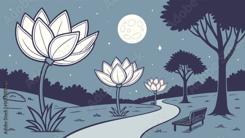 Illustration of a night scene with lotus flowers trees and a bench under a full moon and stars