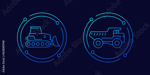 Crawler dozer and dump truck icons, linear design